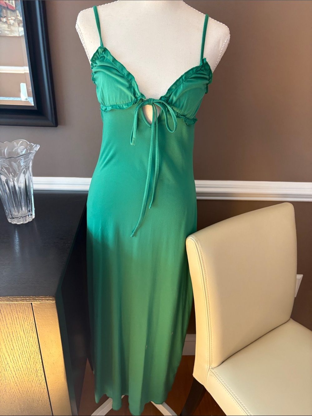 Source Unknown Emerald Green Cotton Slip with Tie-Front